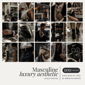 May include: A collection of 100 high-quality stock photos featuring a masculine luxury aesthetic. The images include a man in a suit, a car, a glass of whiskey, and other luxurious items.