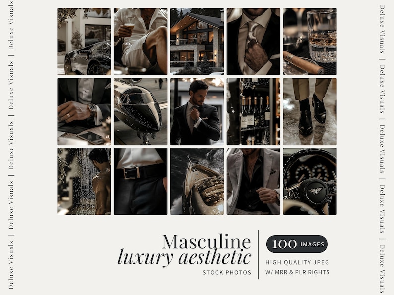 May include: A collection of 100 high-quality stock photos featuring a masculine luxury aesthetic. The images include a man in a suit, a car, a glass of whiskey, and other luxurious items.