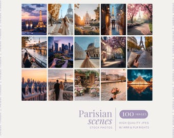 May include: A collection of Parisian scenes stock photos. The images showcase iconic landmarks like the Eiffel Tower, cityscapes, and romantic settings. The images are in high quality JPEG format.