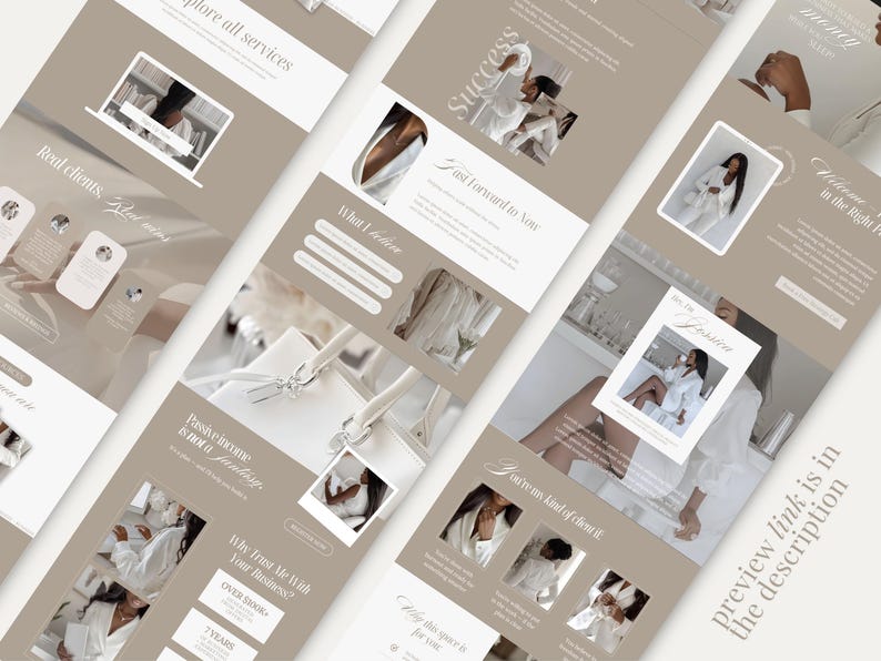 May include: A website design with a neutral colour scheme, featuring images, text, and graphics. Text includes phrases such as "Real clients" and "Explore all services". The design is intended to showcase services and build trust with potential clients.