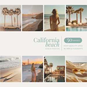 May include: A collection of 50 high-quality stock photos featuring California beach scenes. The images include a car driving on a beach, a woman standing on the beach, a beach with a pool, a surfboard on the sand, and a woman walking on the beach with the Golden Gate Bridge in the background.