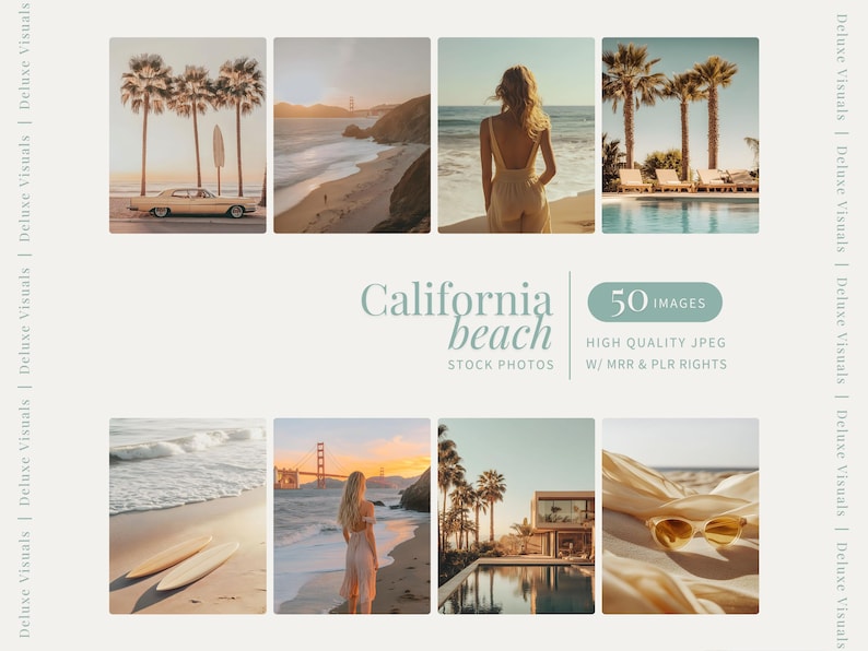 May include: A collection of 50 high-quality stock photos featuring California beach scenes. The images include a car driving on a beach, a woman standing on the beach, a beach with a pool, a surfboard on the sand, and a woman walking on the beach with the Golden Gate Bridge in the background.