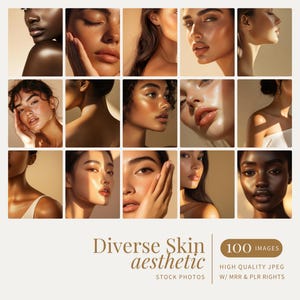 Pode incluir: Uma colagem de 18 imagens com tons de pele diversos. Cada imagem mostra um close-up do rosto de uma pessoa com ilumina&ccedil;&atilde;o natural. O texto "Diverse Skin aesthetic" e "100 IMAGES" est&aacute; na parte inferior da colagem.