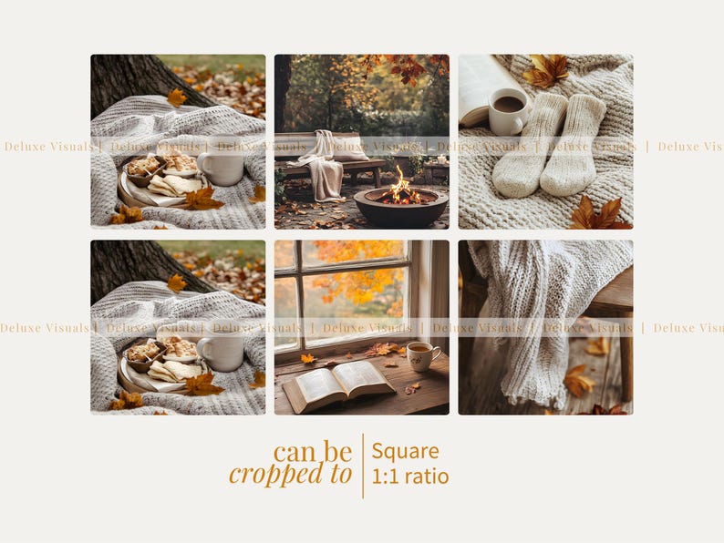 May include: A collage of six images with an autumn theme. The images include a blanket, coffee, baked goods, socks, a bench, a fire pit, and an open book. The text "can be cropped to Square 1:1 ratio" is at the bottom.