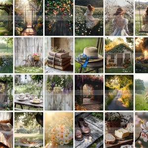 Op de afbeelding: Een collage van 16 afbeeldingen met verschillende natuurtaferelen, waaronder een tuinboog, een poort, een fiets, een stapel boeken, een stoel met een hoed, een klein huisje, een schommel, een krans, een tafel met theekopjes, een houten hek, een pad door een bos, een bloemenveld, een boeket bloemen, een bed met een deken, een picknickmand, een paar schoenen, een brood en een tak met bloeiende kersenbloesems.
