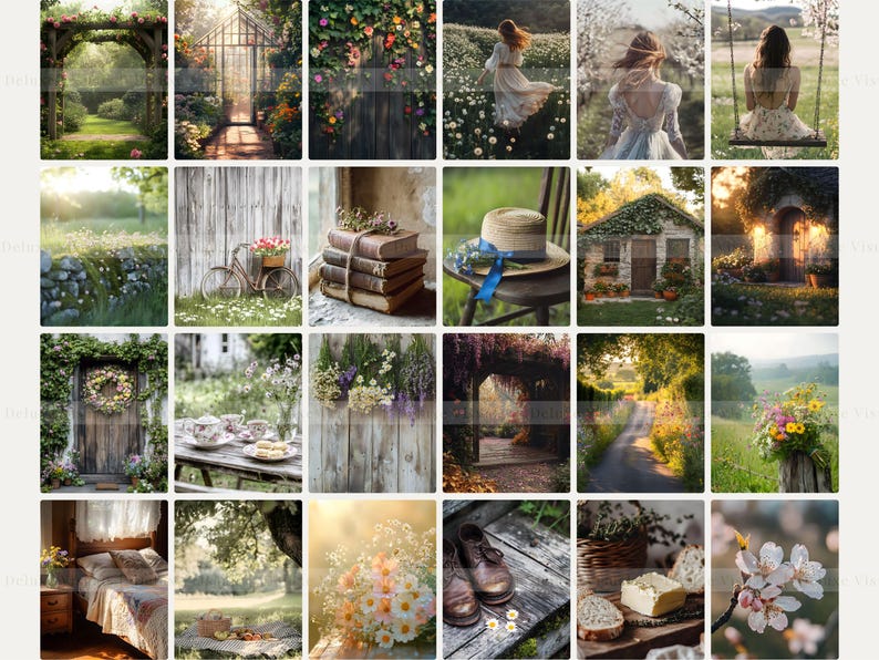 Op de afbeelding: Een collage van 16 afbeeldingen met verschillende natuurtaferelen, waaronder een tuinboog, een poort, een fiets, een stapel boeken, een stoel met een hoed, een klein huisje, een schommel, een krans, een tafel met theekopjes, een houten hek, een pad door een bos, een bloemenveld, een boeket bloemen, een bed met een deken, een picknickmand, een paar schoenen, een brood en een tak met bloeiende kersenbloesems.
