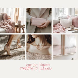 May include: A collage of six images featuring a pink blanket, a woman holding a pink clutch, a pink throw blanket on a couch, a woman's legs in heels, a woman wearing a necklace, and two framed paintings with a pink and white abstract design.