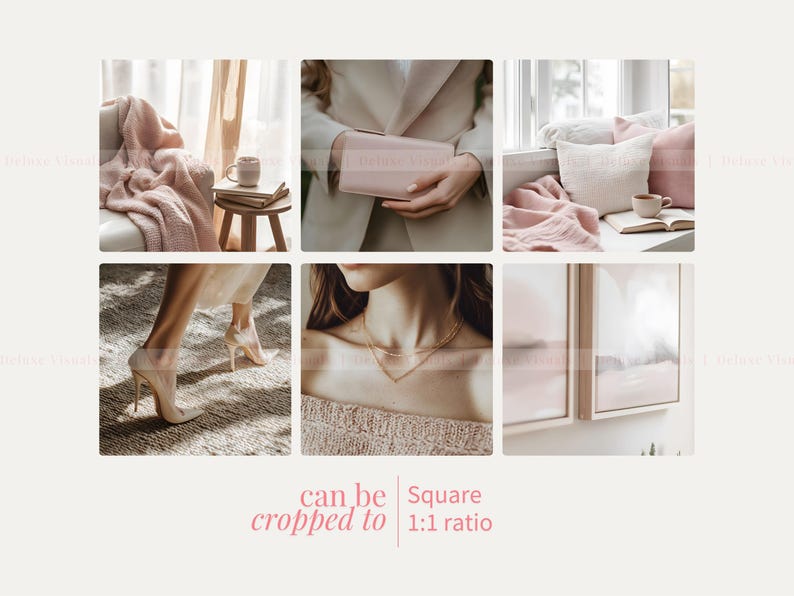 May include: A collage of six images featuring a pink blanket, a woman holding a pink clutch, a pink throw blanket on a couch, a woman's legs in heels, a woman wearing a necklace, and two framed paintings with a pink and white abstract design.