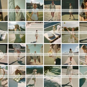 May include: A collage of images featuring tennis-themed items and scenes. The images include tennis rackets, tennis balls, tennis outfits, and people playing tennis on a green court. The overall aesthetic is vintage and sporty.