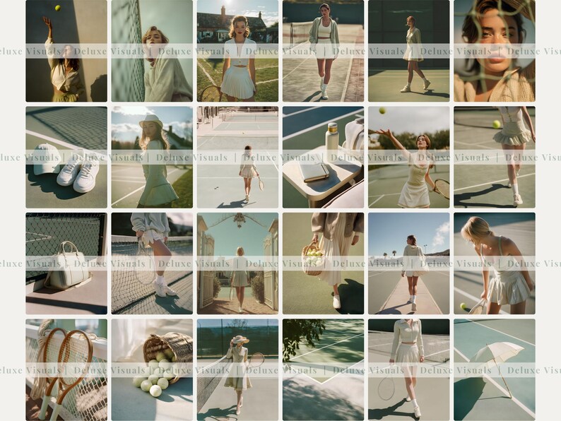 May include: A collage of images featuring tennis-themed items and scenes. The images include tennis rackets, tennis balls, tennis outfits, and people playing tennis on a green court. The overall aesthetic is vintage and sporty.