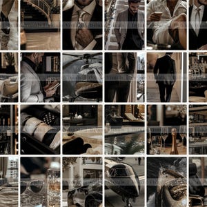 May include: A collage of images depicting a luxurious lifestyle. The images include a man in a suit, a helicopter, a swimming pool, a glass of champagne, and a car. The overall theme is wealth and success.