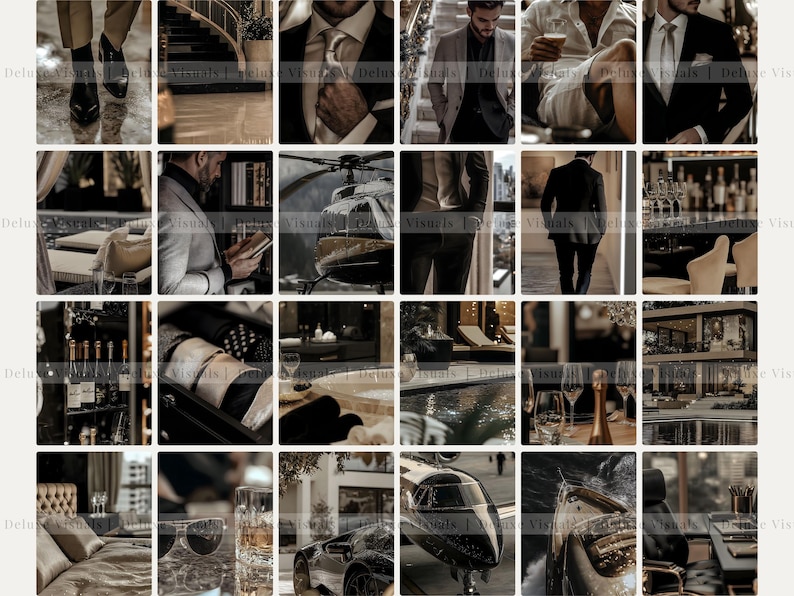 May include: A collage of images depicting a luxurious lifestyle. The images include a man in a suit, a helicopter, a swimming pool, a glass of champagne, and a car. The overall theme is wealth and success.