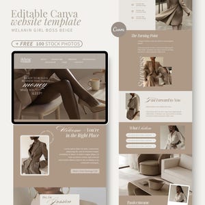 May include: A beige website template design with the text "Editable Canva website template" and "MELANIN GIRL BOSS BEIGE". The design includes a tablet displaying a website, images, and text. The template includes "+ FREE 100 STOCK PHOTOS".