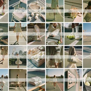 May include: A collage of images featuring tennis equipment and attire. Tennis balls, rackets, and a net are visible. A person is seen wearing a tennis skirt and holding a racket. The images have a vintage aesthetic.