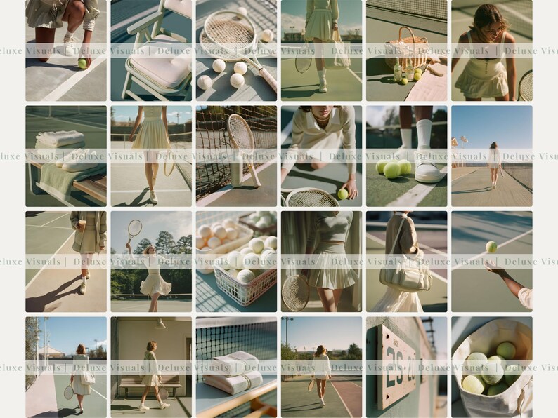 May include: A collage of images featuring tennis equipment and attire. Tennis balls, rackets, and a net are visible. A person is seen wearing a tennis skirt and holding a racket. The images have a vintage aesthetic.