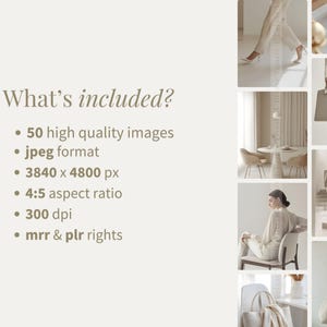 May include: A collage of images showcasing a collection of 50 high-quality images in JPEG format. The images are 3840 x 4800 pixels, have a 4:5 aspect ratio, and are 300 dpi. The images include a variety of subjects, including fashion, lifestyle, and interiors. The images are available for both personal and commercial use.