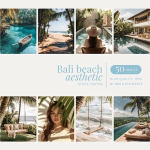 May include: A selection of aesthetic Bali beach stock photos. The images showcase tranquil scenes with turquoise water, sandy beaches, palm trees, and a swing. The text reads "Bali beach aesthetic" and "50 images".