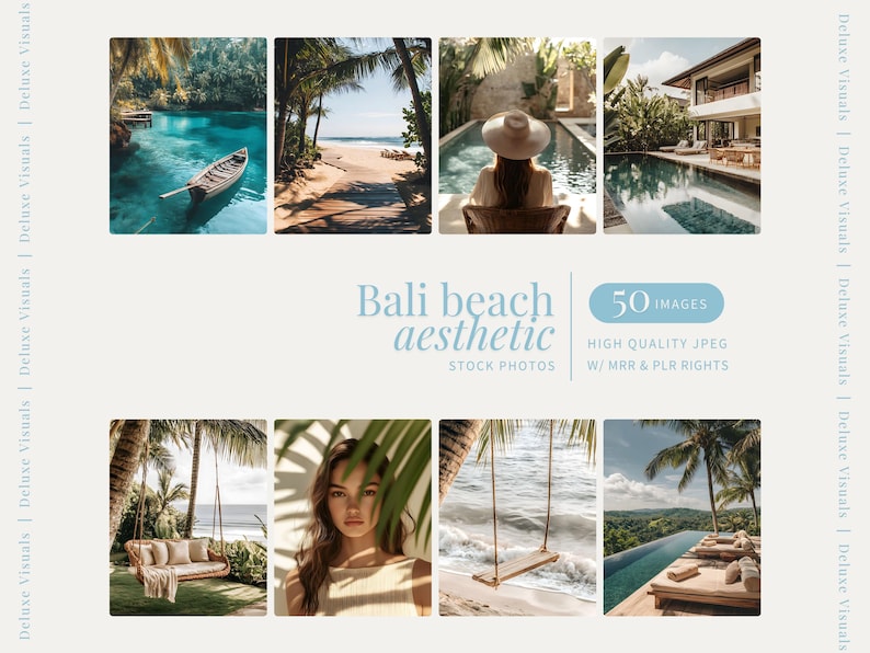 May include: A selection of aesthetic Bali beach stock photos. The images showcase tranquil scenes with turquoise water, sandy beaches, palm trees, and a swing. The text reads "Bali beach aesthetic" and "50 images".