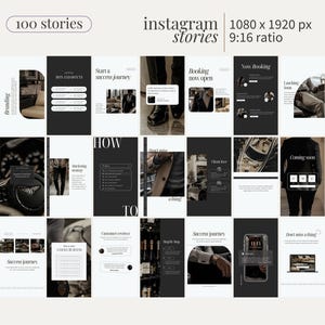 May include: A set of 16 Instagram story templates in a black and white colour scheme with text overlays. The templates feature a variety of images, including a typewriter, a pair of shoes, a wine bottle, and a laptop. The text on the templates includes phrases like "Branding", "Start a success journey", "Booking now open", "How to", "Success journey", and "Coming soon".