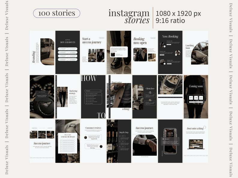 May include: A set of 16 Instagram story templates in a black and white colour scheme with text overlays. The templates feature a variety of images, including a typewriter, a pair of shoes, a wine bottle, and a laptop. The text on the templates includes phrases like "Branding", "Start a success journey", "Booking now open", "How to", "Success journey", and "Coming soon".