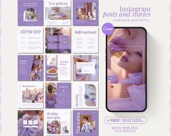 Lavender Aesthetic Instagram Posts & Stories Marketing Templates Canva Business Brand Purple MRR PLR Images Entrepreneur Social Media Bundle