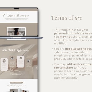 May include: A laptop screen shows a website with the text "Explore all services" and "Real clients, Real wins." The website design uses a neutral colour scheme and includes the text "Terms of use."