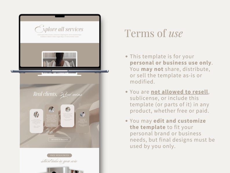 May include: A laptop screen shows a website with the text "Explore all services" and "Real clients, Real wins." The website design uses a neutral colour scheme and includes the text "Terms of use."