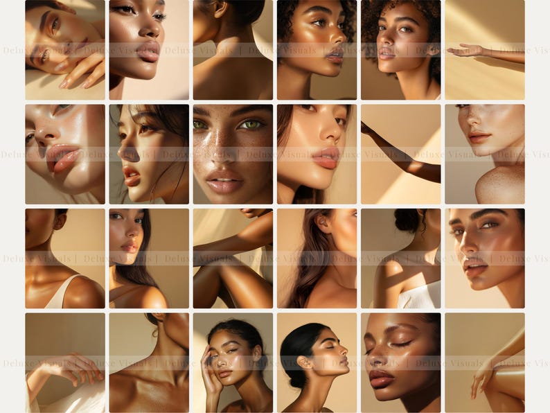 Pode incluir: Uma colagem de 16 imagens com retratos de close-up de pessoas com diferentes tons de pele e penteados. Cada imagem mostra o rosto e os ombros de uma pessoa, com ilumina&ccedil;&atilde;o suave que destaca seus tra&ccedil;os.