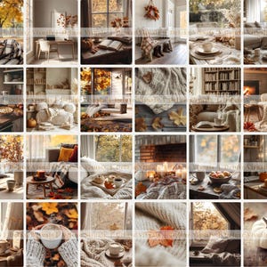 May include: A collage of autumn-themed images featuring cozy interior scenes. The images showcase elements like a basket of leaves, a lit fireplace, books, coffee cups, and pumpkins. The color palette includes warm tones of orange, brown, and beige.