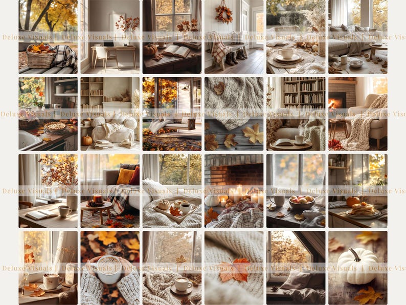 May include: A collage of autumn-themed images featuring cozy interior scenes. The images showcase elements like a basket of leaves, a lit fireplace, books, coffee cups, and pumpkins. The color palette includes warm tones of orange, brown, and beige.