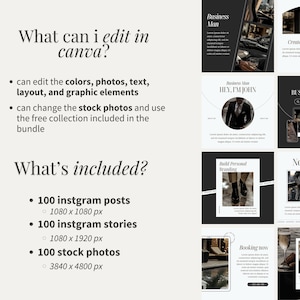 May include: A digital marketing kit with a black and white colour scheme. The kit includes 100 Instagram posts, 100 Instagram stories, and 100 stock photos. The text "What can I edit in Canva?" and "What's included?" is displayed on the left side of the image. The text "Business Man" is displayed on the top of the image. The text "Create your business now" is displayed on the right side of the image. The text "Hey, I'm John" is displayed on the right side of the image. The text "Sign up for our Business Course" is displayed on the right side of the image. The text "Build Personal Branding" is displayed on the right side of the image. The text "New strategy" is displayed on the right side of the image. The text "Booking now" is displayed on the right side of the image.