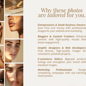 Pode incluir: Uma colagem de fotos com modelos diversos com ilumina&ccedil;&atilde;o natural. O texto "Por que essas fotos s&atilde;o personalizadas para voc&ecirc;." &eacute; exibido acima de uma lista de p&uacute;blicos-alvo e como essas fotos podem benefici&aacute;-los. Os p&uacute;blicos-alvo incluem empreendedores, blogueiros, designers gr&aacute;ficos, vendedores de com&eacute;rcio eletr&ocirc;nico e profissionais de marketing.