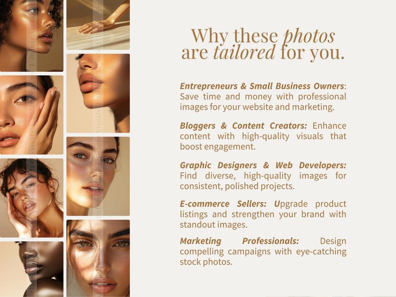 Pode incluir: Uma colagem de fotos com modelos diversos com ilumina&ccedil;&atilde;o natural. O texto "Por que essas fotos s&atilde;o personalizadas para voc&ecirc;." &eacute; exibido acima de uma lista de p&uacute;blicos-alvo e como essas fotos podem benefici&aacute;-los. Os p&uacute;blicos-alvo incluem empreendedores, blogueiros, designers gr&aacute;ficos, vendedores de com&eacute;rcio eletr&ocirc;nico e profissionais de marketing.