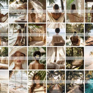 May include: A series of lifestyle images depicting tropical beach settings. The photographs show individuals relaxing in hammocks, near pools, and on sandy beaches. The colour scheme is warm, with natural tones and gentle lighting, creating a feeling of relaxation and luxury.