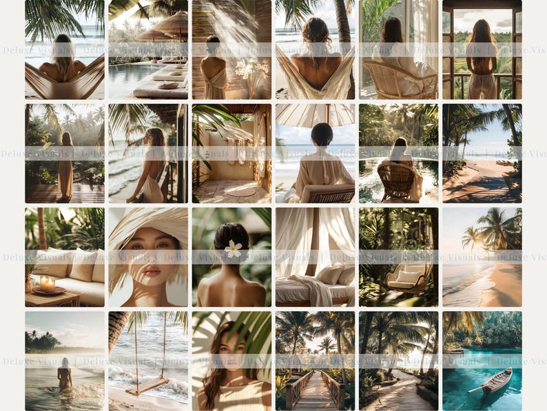 May include: A series of lifestyle images depicting tropical beach settings. The photographs show individuals relaxing in hammocks, near pools, and on sandy beaches. The colour scheme is warm, with natural tones and gentle lighting, creating a feeling of relaxation and luxury.
