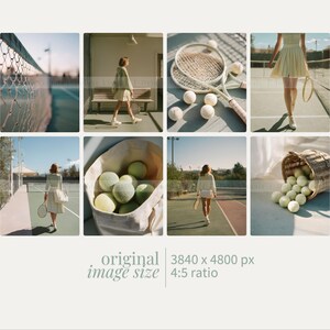 May include: A collage of images featuring tennis equipment and attire. The images include tennis rackets, tennis balls, a tennis net, and a person in tennis attire. The color palette is soft, with a focus on natural light and a vintage aesthetic.
