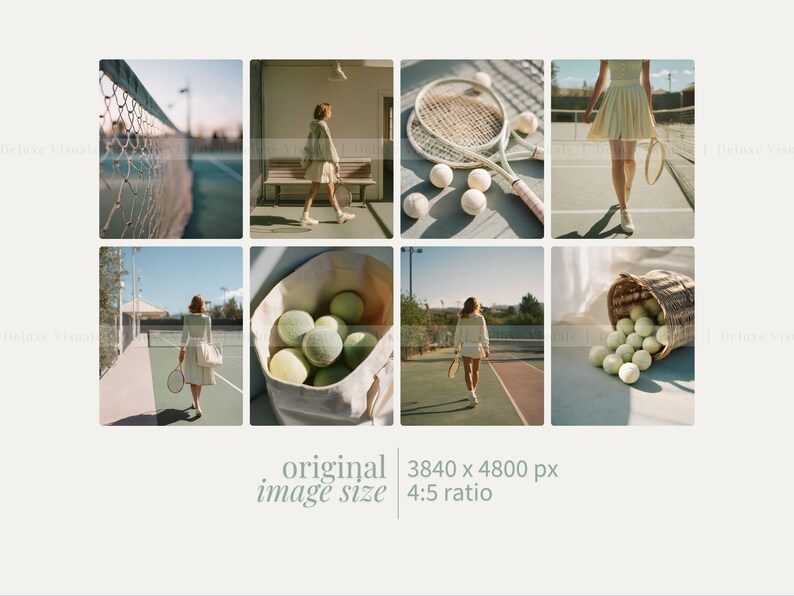 May include: A collage of images featuring tennis equipment and attire. The images include tennis rackets, tennis balls, a tennis net, and a person in tennis attire. The color palette is soft, with a focus on natural light and a vintage aesthetic.