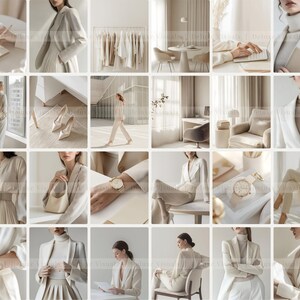 May include: A collage of images featuring a woman wearing various white and cream outfits, including a blazer, a turtleneck sweater, and a skirt. The images also show interior design elements, such as a white chair, a lamp, and a table.