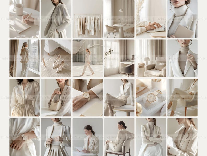 May include: A collage of images featuring a woman wearing various white and cream outfits, including a blazer, a turtleneck sweater, and a skirt. The images also show interior design elements, such as a white chair, a lamp, and a table.