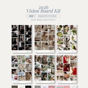 Op de afbeelding: Een vision board kit met de tekst "2026 Vision Board Kit" en "300+ Manifestations". De kit bevat meerdere esthetische moodboards met afbeeldingen en tekst, gecategoriseerd als "Girl Boss Aesthetic". De achtergrond is lichtbeige.