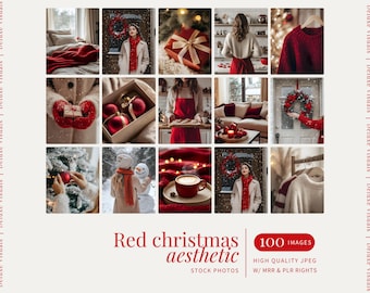 Aesthetic Red Christmas Stock Photos Instagram Reels Digital Marketing Photos Faceless Holiday Fashion Images MRR PLR Red Cozy Christmas