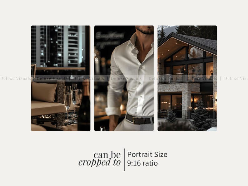 May include: A collage of three images showing a modern home with large windows, a man wearing a white button-down shirt and black pants, and a living room with a couch and two glasses of champagne. The text "can be cropped to Portrait Size 9:16 ratio" is below the images.
