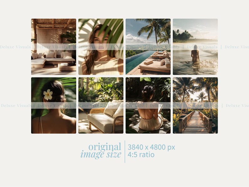 May include: Eight lifestyle images with a tropical theme. The images include a woman, a pool, a beach, and outdoor furniture. The text "original image size 4:5 ratio" is at the bottom of the image.