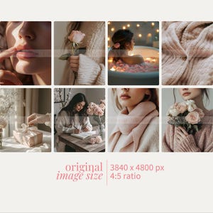 May include: A collage of images featuring a variety of soft, feminine details. The images include a close-up of a woman's face, a woman's hand holding a pink rose, a woman relaxing in a bathtub with rose petals, a knitted blanket, a woman writing in a journal, a woman wearing a pink scarf, and a woman holding a bouquet of pink roses.
