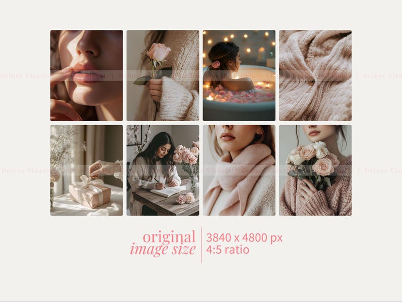 May include: A collage of images featuring a variety of soft, feminine details. The images include a close-up of a woman's face, a woman's hand holding a pink rose, a woman relaxing in a bathtub with rose petals, a knitted blanket, a woman writing in a journal, a woman wearing a pink scarf, and a woman holding a bouquet of pink roses.