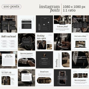 May include: A collection of 16 Instagram post templates in a black and white colour scheme. The templates feature text overlays with phrases like "Build your brand", "Booking now open", "Success journey", "Contact Us", "Branding", "Giveaway Time", "Welcome, friend", "Don't miss a thing", "Webinar", "Brand story", and "Success journey".