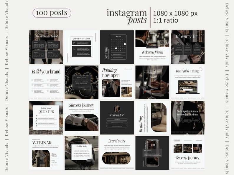 May include: A collection of 16 Instagram post templates in a black and white colour scheme. The templates feature text overlays with phrases like "Build your brand", "Booking now open", "Success journey", "Contact Us", "Branding", "Giveaway Time", "Welcome, friend", "Don't miss a thing", "Webinar", "Brand story", and "Success journey".