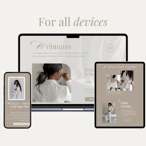 May include: A digital marketing concept displayed on a laptop, tablet, and smartphone. The devices showcase a webinar and online coaching content. The text "For all devices" is at the top, with the words "Webinars" and "Ways to Work Together" visible.
