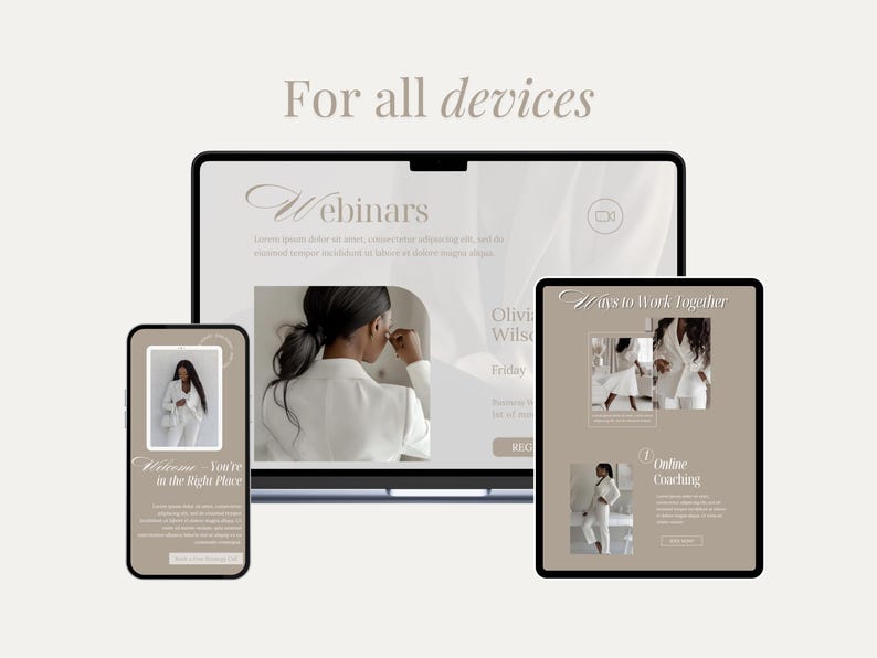 May include: A digital marketing concept displayed on a laptop, tablet, and smartphone. The devices showcase a webinar and online coaching content. The text "For all devices" is at the top, with the words "Webinars" and "Ways to Work Together" visible.