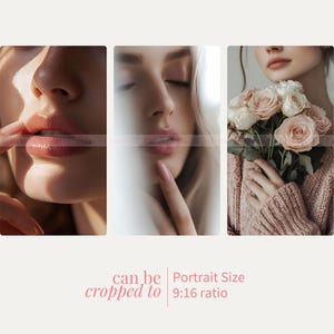 May include: Three close-up images of a woman's face. The first image shows the woman's lips with a soft pink lipstick. The second image shows the woman's eyes closed with a soft pink lipstick. The third image shows the woman holding a bouquet of pink roses.